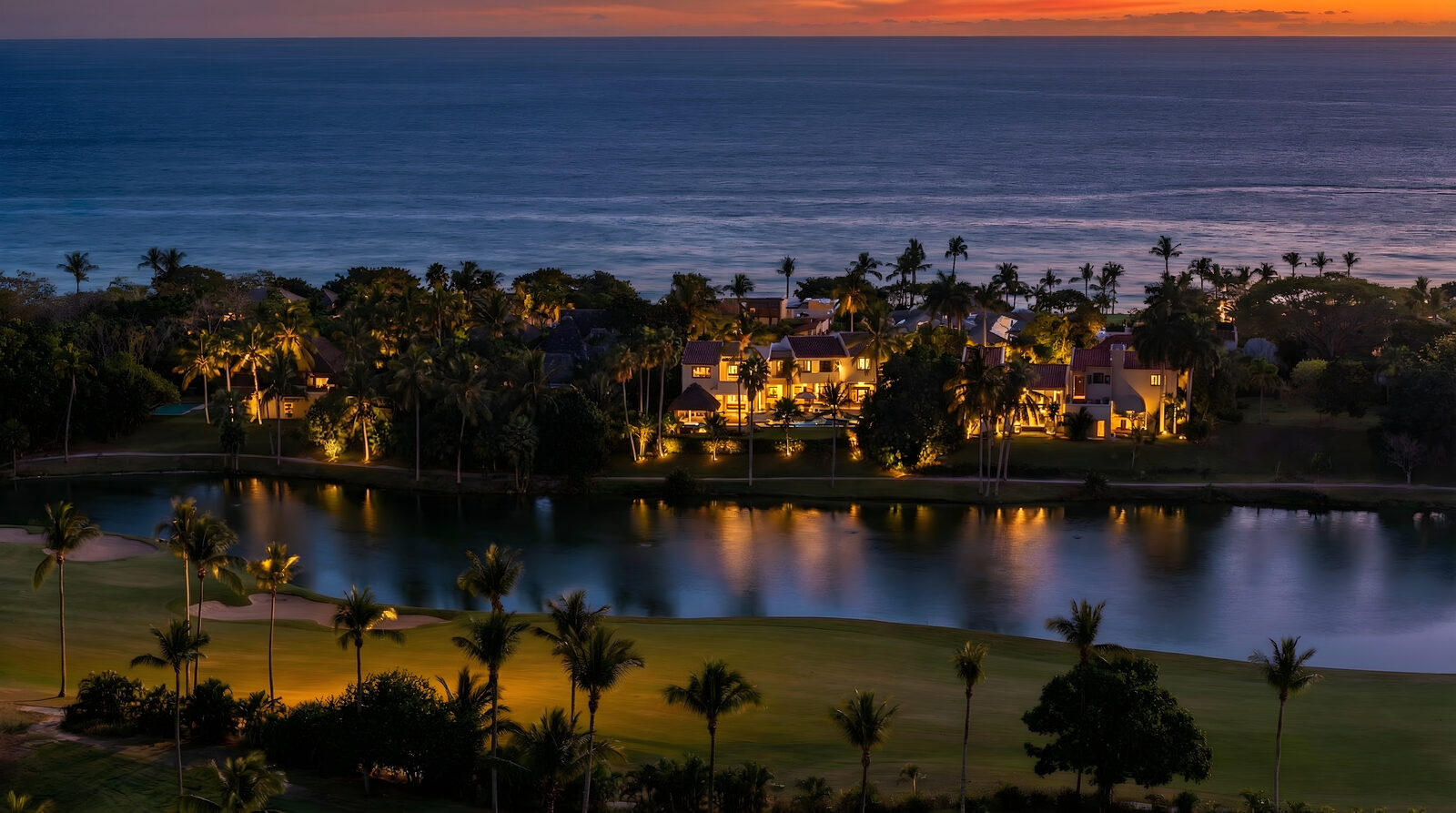 Villas at dusk overlooking the lagoon in Lagos del Mar, Punta Mita